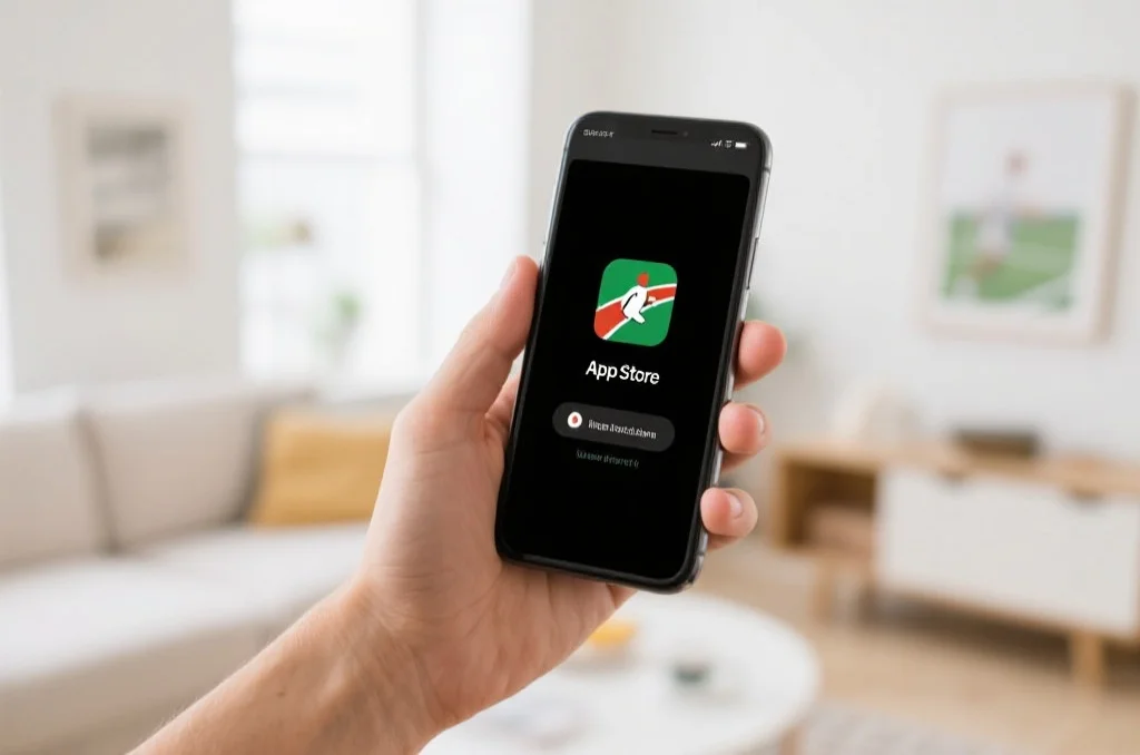 一只手操作iPhone，屏幕上显示正在从App Store下载一款体育类应用，背景为明亮的现代家庭环境